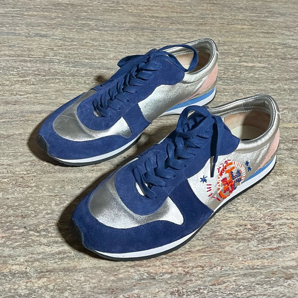 Tory Burch Silver/ Navy/ Sea Victorian Brielle Leather & Suede Sneakers - Picture 5 of 15